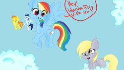 Size: 1024x576 | Tagged: safe, artist:kinkykittey, derpy hooves, rainbow dash, soarin', spitfire, pegasus, pony, g4, female, mare