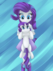 Size: 1024x1365 | Tagged: safe, artist:megagibs, rarity, human, pony, equestria girls, g4, cute, holding a pony, human ponidox, looking at each other, pony ponidox, raribetes, smiling, square crossover
