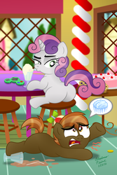 Size: 2000x3000 | Tagged: safe, artist:aleximusprime, button mash, sweetie belle, g4, blank flank, brain freeze, butt, female, food, high res, joy boy, male, milkshake, oh hey a bit, plot, scene interpretation, ship:sweetiemash, shipping, straight, sweetie butt