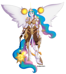 Size: 1024x1148 | Tagged: safe, artist:biobasher, princess celestia, anthro, unguligrade anthro, g4, armor, female, flail, shield, solo, warrior celestia, weapon