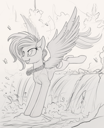 Size: 1280x1579 | Tagged: safe, artist:yakovlev-vad, oc, oc only, butterfly, pegasus, pony, black and white, grayscale, lei, monochrome, sketch, smiling, solo, spread wings, waterfall