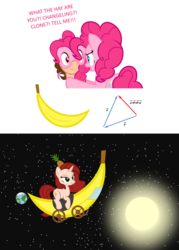 Size: 2205x3073 | Tagged: safe, artist:zacatron94, pinkie pie, oc, oc:rouge fervour, oc:think pink, g4, banana, banana ship, earth, food, high res, mask, not salmon, pineapple, simple background, space, sun, transparent background, triangle, vector, wat