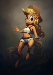 Size: 850x1200 | Tagged: safe, artist:assasinmonkey, applejack, anthro, unguligrade anthro, g4, abs, armpits, belly button, clothes, female, midriff, shorts, solo, tank top, technically advanced