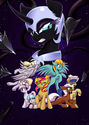 Size: 4900x6825 | Tagged: safe, artist:f-nar, coco pommel, fiddlesticks, lightning dust, nightmare moon, nurse redheart, silver spanner, sugar cookie, sunset shimmer, alicorn, earth pony, pegasus, pony, unicorn, g4, absurd resolution, alternate universe, apple family member, armor, clothes, cover art, fanfic, female, mare, shimmerverse, tendrils