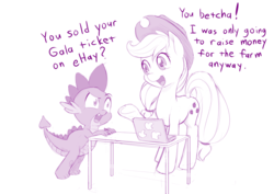 Size: 1200x849 | Tagged: safe, artist:dstears, applejack, spike, dragon, earth pony, pony, g4, angry, computer, duo, ebay, ehay, laptop computer, limited palette, monochrome, open mouth, pun, purple, raised hoof, simple background, smiling, table, white background