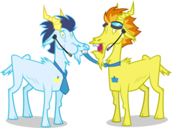 Size: 4625x3414 | Tagged: safe, artist:xebck, edit, soarin', spitfire, goat, g4, bucktooth, chewing, duo, freckles, goatified, goggles, necktie, recolor, show accurate, simple background, species swap, transparent background, vector, wat