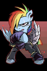 Size: 800x1209 | Tagged: safe, artist:tyuubatu, rainbow dash, g4, the cutie re-mark, abstract background, alternate timeline, amputee, apocalypse dash, augmented, clothes, crystal war timeline, female, looking at you, prosthetic limb, prosthetic wing, prosthetics, raised hoof, scar, solo, tongue out, torn ear, uniform