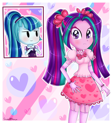 Size: 1938x2131 | Tagged: safe, artist:vixelzf, aria blaze, sonata dusk, equestria girls, g4, bracelet, clothes, dress, evening gloves, female, gloves, lesbian, miniskirt, necklace, ship:arisona, shipping, skirt, socks, stockings, thigh highs, thigh socks