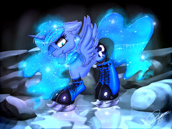 Size: 1024x768 | Tagged: safe, artist:gamermac, princess luna, g4, ear fluff, female, floppy ears, ice, ice skates, nose wrinkle, scrunchy face, solo, spread wings, wavy mouth