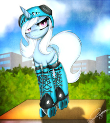 Size: 1002x1114 | Tagged: safe, artist:gamermac, trixie, pony, unicorn, g4, female, helmet, mare, ponies in roller skates, roller skates, solo