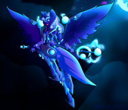 Size: 1024x879 | Tagged: safe, artist:biobasher, princess luna, anthro, unguligrade anthro, g4, armor, female, flying, mare in the moon, moon, solo, staff