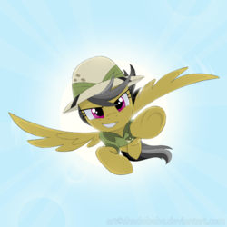 Size: 950x950 | Tagged: safe, artist:shadobabe, daring do, pegasus, pony, g4, crepuscular rays, female, flying, flying at you, grin, solo, sun, underhoof