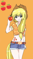 Size: 540x960 | Tagged: safe, artist:yui-chan24, applejack, human, g4, apple, belly button, clothes, daisy dukes, female, food, front knot midriff, humanized, midriff, shorts, solo, tailed humanization