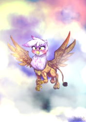 Size: 2036x2879 | Tagged: safe, artist:doubt, gilda, griffon, g4, blushing, cloud, female, flying, high res, sky, solo