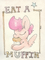 Size: 642x858 | Tagged: safe, artist:slightlyshade, scootaloo, g4, female, food, muffin, solo, traditional art