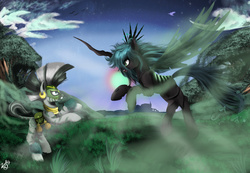 Size: 3733x2584 | Tagged: safe, artist:vinicius040598, queen chrysalis, zecora, changeling, changeling queen, zebra, g4, the cutie re-mark, alternate timeline, chrysalis resistance timeline, crepuscular rays, everfree forest, female, fight, high res, mask, rearing, resistance leader zecora