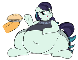 Size: 1588x1234 | Tagged: safe, artist:graphenescloset, applejack, coloratura, pony, adorafatty, belly, belly button, big belly, clothes, cute, disembodied hoof, fat, feederjack, female, food, full, morbidly obese, obese, overeating, pie, rara, rarabetes, rolloratura, simple background, underhoof, white background