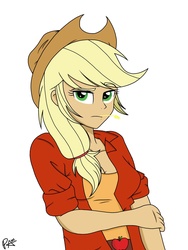 Size: 1536x2048 | Tagged: safe, artist:pimpartist101, applejack, human, equestria girls, g4, breasts, busty applejack, cleavage, clothes, female, frown, humanized, shirt, simple background, solo, straw, straw in mouth, tank top
