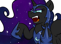 Size: 1100x800 | Tagged: safe, artist:tranzmuteproductions, nightmare moon, alicorn, pony, g4, ethereal mane, female, frown, helmet, hoof shoes, mare, open mouth, rearing, simple background, solo, starry mane, transparent background