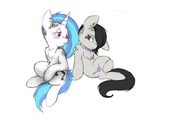 Size: 2956x2068 | Tagged: dead source, safe, artist:tilly-towell, dj pon-3, octavia melody, vinyl scratch, earth pony, pony, unicorn, g4, alternate hairstyle, blushing, bowtie, chest fluff, duo, ear piercing, earring, female, hair over one eye, haircut, helix piercing, high res, lesbian, mare, piercing, ship:scratchtavia, shipping, simple background, tattoo, undercut, white background