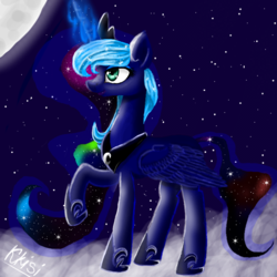 Size: 768x768 | Tagged: safe, artist:kkisi, princess luna, g4, cloud, female, magic, moon, raised hoof, solo