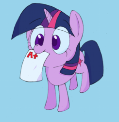 Size: 1699x1732 | Tagged: safe, artist:january3rd, twilight sparkle, pony, unicorn, g4, cute, female, mouth hold, report card, solo, twiabetes