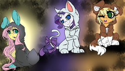 Size: 1024x585 | Tagged: safe, artist:ponipoke, applejack, fluttershy, opalescence, rarity, winona, cat, dog, earth pony, pegasus, pony, unicorn, g4, animal costume, bow, bunny ears, cat ears, cat tail, clothes, costume, cute, dangerous mission outfit, female, freckles, hoodie, kigurumi, looking at you, looking back, looking back at you, mare, one eye closed, open mouth, smiling