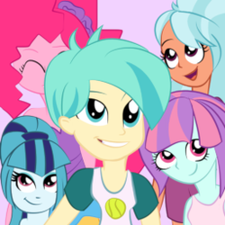 Size: 256x256 | Tagged: safe, artist:berrypunchrules, frosty orange, pinkie pie, sonata dusk, sour sweet, sunny flare, tennis match, equestria girls, g4, background human, group