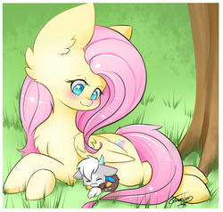 Size: 1405x1339 | Tagged: dead source, safe, artist:teranen, discord, fluttershy, g4, :3, age regression, baby discord, big ears, blushing, colored pupils, cute, discute, faic, fluttermom, prone, sleeping, woll smoth, younger