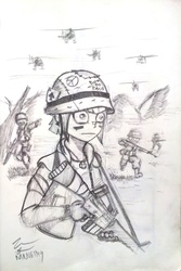 Size: 2024x3024 | Tagged: safe, artist:mrnein9, sonata dusk, equestria girls, g4, ace of spades, assault rifle, born to x, crossover, eye black (makeup), flak jacket, frown, full metal jacket, grayscale, gun, helicopter, helmet, high res, jewelry, m16, m16a1, meme, monochrome, necklace, peace sign, rifle, shell shock, soldier, special eyes, thousand yard stare, traditional art, vietnam, vietnam war, weapon