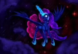 Size: 1024x709 | Tagged: dead source, safe, artist:rpg-onion, nightmare moon, g4, female, flying, magic, solo