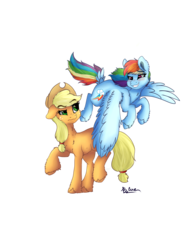 Size: 2550x3300 | Tagged: safe, artist:saphi-boo, applejack, rainbow dash, g4, butt touch, feathermarking, female, fluffy, high res, lesbian, never doubt tchernobog's involvement, ship:appledash, shipping, tail feathers