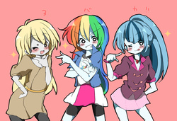 Size: 1200x819 | Tagged: safe, artist:lotte, derpy hooves, rainbow dash, sonata dusk, equestria girls, g4, in the name of the moon i'll punish you, japanese, pixiv, pose