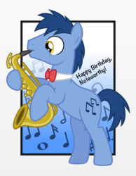 Size: 3000x3868 | Tagged: safe, artist:chainchomp2, blues, noteworthy, earth pony, pony, g4, birthday, bowtie, gift art, happy birthday, high res, male, musical instrument, saxophone, solo, stallion, vector