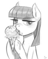Size: 577x709 | Tagged: safe, artist:ehfa, maud pie, earth pony, pony, g4, female, food, grayscale, ice cream, licking, lidded eyes, mare, monochrome, simple background, solo, tongue out, white background