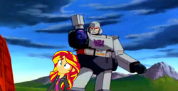 Size: 1430x733 | Tagged: safe, artist:avispaneitor, sunset shimmer, equestria girls, g4, megatron, the transformers: the movie, transformers