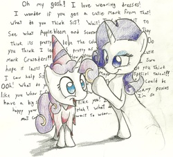 Size: 1280x1160 | Tagged: safe, artist:matugi, rarity, sweetie belle, g4, clothes, dialogue, dress, smiling, traditional art