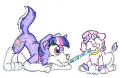 Size: 1995x1260 | Tagged: safe, artist:silversimba01, sweetie belle, twilight sparkle, collie, dog, g4, collar, cute, diasweetes, play, puppy, species swap, switch, twiabetes, twilight barkle