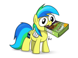 Size: 3656x2717 | Tagged: safe, artist:fimflamfilosophy, oc, oc only, oc:aurora, oc:aurora dawn, rainbow dash presents, broken wing, cereal, corn flakes, female, filly, food, high res, mouth hold, pony aids, sexually transmitted disease, simple background, solo, transparent background