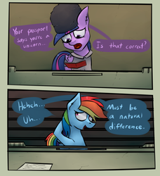 Size: 1540x1687 | Tagged: safe, artist:marsminer, rainbow dash, twilight sparkle, alicorn, pony, g4, blatant lies, comic, confused, crossover, dialogue, hat, levitation, magic, nervous, open mouth, papers please, smiling, telekinesis, twilight sparkle (alicorn), ushanka, wide eyes