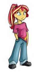 Size: 1168x2068 | Tagged: safe, artist:ponut_joe, sunset shimmer, equestria girls, g4, clothes, female, freckles, pants, peppered bacon, ponytail, shirt, shoes, simple background, solo, white background, younger