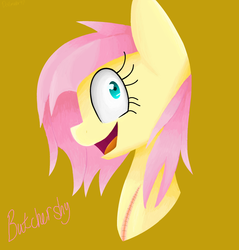 Size: 2132x2228 | Tagged: safe, artist:dollmaker47, fluttershy, g4, alternate hairstyle, bust, butchershy, crazy smile, female, high res, insanity, looking at you, name, portrait, profile, scar, short hair, short mane, shrunken pupils, simple background, smiling, solo, stitches, wide eyes