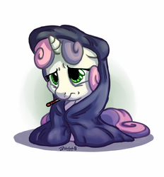 Size: 1100x1187 | Tagged: safe, artist:bobdude0, sweetie belle, pony, unicorn, g4, backwards thermometer, blanket, cute, diasweetes, female, filly, foal, sad, sick, sitting, solo, sweet dreams fuel, thermometer
