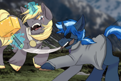 Size: 1000x666 | Tagged: safe, artist:asktheclassypony, oc, oc only, oc:duke greywinter, oc:high tide, pony, unicorn, fight, magic