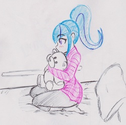 Size: 1998x1975 | Tagged: safe, artist:elgatosabio, sonata dusk, equestria girls, g4, bed, blushing, female, ponytail, solo, teddy bear, traditional art