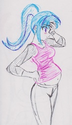 Size: 1495x2592 | Tagged: safe, artist:elgatosabio, sonata dusk, equestria girls, g4, blushing, clothes, exhausted, female, midriff, pants, ponytail, pregnant, pregnant equestria girls, pregnata dusk, simple background, solo, tank top, traditional art