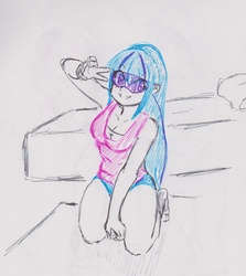 Size: 1950x2186 | Tagged: safe, artist:elgatosabio, sonata dusk, equestria girls, g4, clothes, female, peace sign, pose, shorts, socks, solo, sunglasses, tank top, traditional art