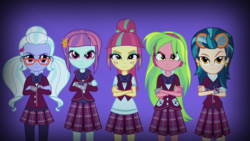 Size: 1280x720 | Tagged: safe, edit, edited screencap, screencap, indigo zap, lemon zest, sour sweet, sugarcoat, sunny flare, equestria girls, g4, my little pony equestria girls: friendship games, >:), clothes, crossed arms, crystal prep academy, crystal prep academy uniform, crystal prep shadowbolts, glasses, goggles, headphones, inverted mouth, looking at you, pure unfiltered evil, random, school uniform, shadow five, shadowbolt comments, smiling, unleash the magic