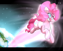 Size: 1024x827 | Tagged: safe, artist:sourspot, pinkie pie, g4, extreme pronking, female, hotblooded pinkie pie, letterboxing, pronking, solo, space, style emulation