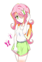 Size: 400x587 | Tagged: safe, artist:tzc, fluttershy, butterfly, equestria girls, g4, clothes, female, hair over one eye, skirt, solo, wingding eyes